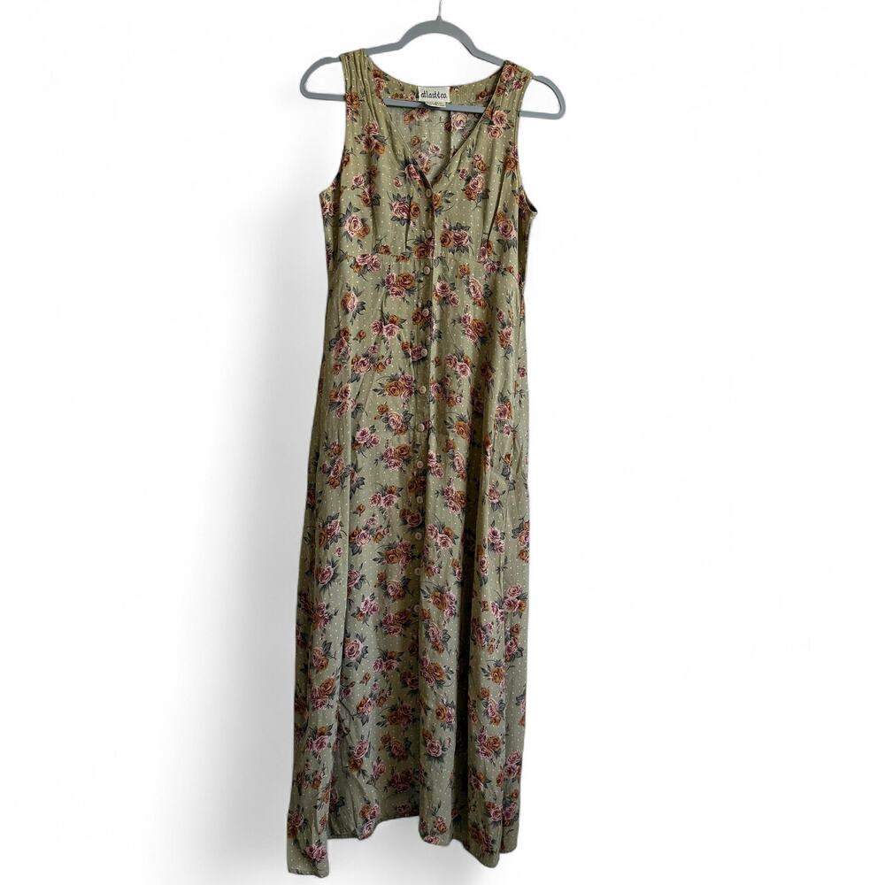 Vintage 90s green floral maxi dress with buttons sleeveless size M